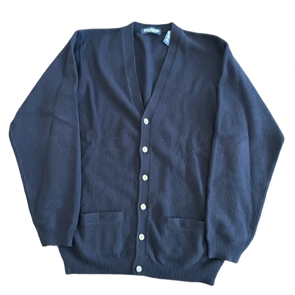 LANDS END MENS WOOL V NECK CARDIGAN BLUE LONG SLEEVE SWEATER POCKETS LARGE